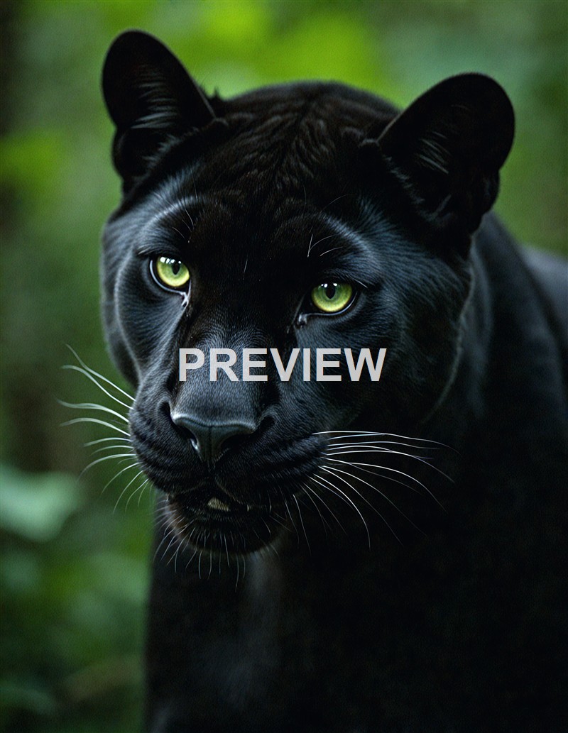 A close-up of a sleek black panther with piercing green eyes, set against a blurred green background.